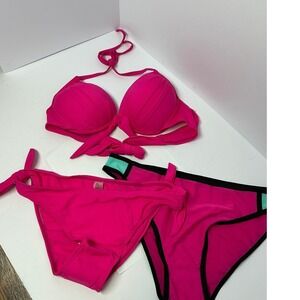 Hot Pink 3 Piece Bikini Set Push Up Halter Top Side Tie & Sporty Bottoms Lg NWOT
